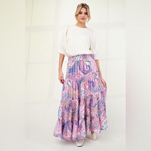 #94 easel Pink Paisley Tiered Maxi Skirt